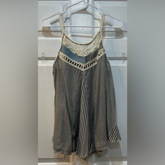 Free People M Blue Work Wearin It Handkerchief Rope Trim Stripe Tank Boho Hippie - Picture 3 of 8
